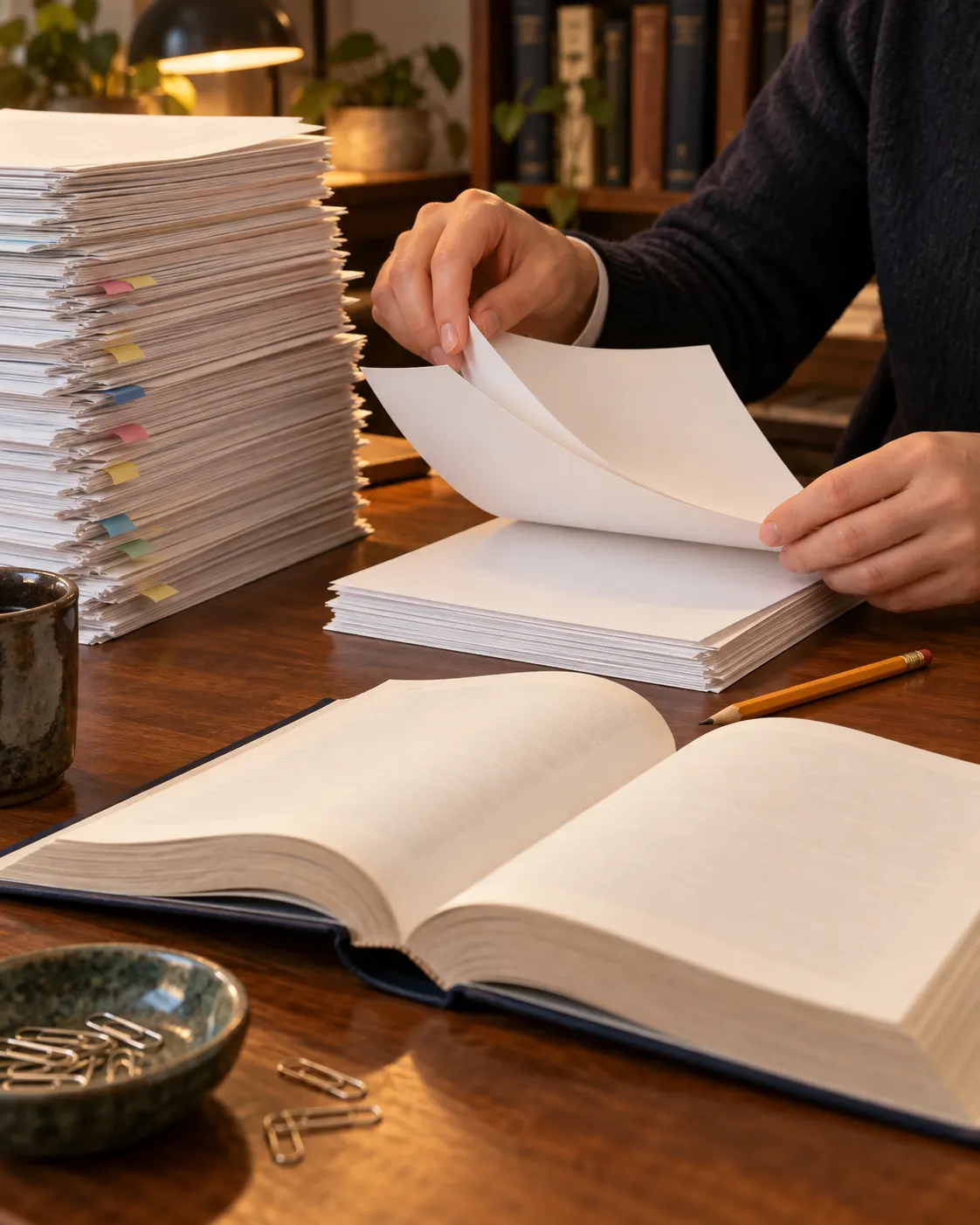 AI-generated fictional book editor selecting blank pages from a large stack; symbolic of limited print space, not a real Guinness editorial process. Prompt: “Photorealistic vertical 4:5 editorial scene of a fictional book editor's hands selecting a few blank pages from a much larger stack of submissions beside an open generic reference book. A pencil and paper clips, warm publishing-office light. Symbolic illustration of limited print space and editorial selection, not a real Guinness office or specific book. No readable text, logos or numbers.” Generated 20 October 2026.