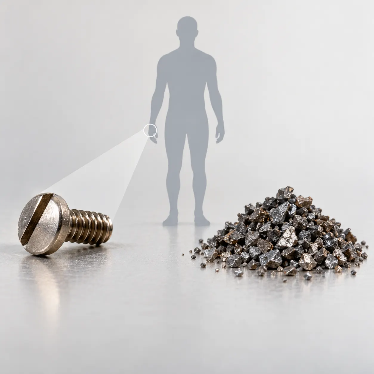 conceptual still life with a tiny screw and iron-colored grains. Synthetic illustration, not a photograph, extracted iron, or evidence. Prompt summary: “Editorial science still life, tiny steel watch screw beside reddish iron mineral grains on a neutral pale background, museum-catalog lighting, no text.”