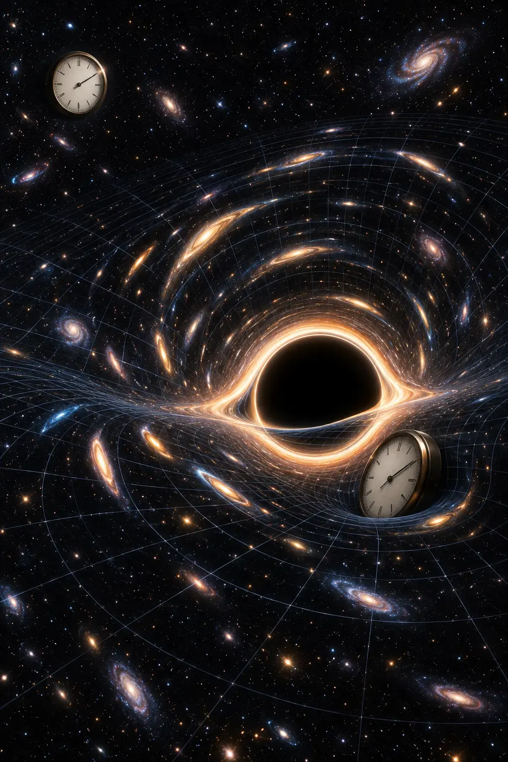 AI-generated conceptual rendering of spacetime curvature and gravitational time dilation; not a measured or to-scale diagram.