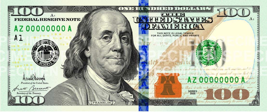 Зменшене одностороннє зображення американської банкноти $100 з офіційної сторінки / Reduced one-sided image of the U.S. $100 note from the official page.