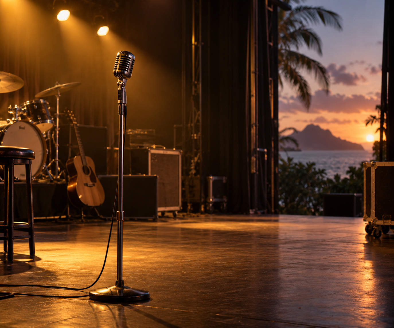 AI-generated symbolic image of an empty concert stage opening onto a tropical sunset, evoking Dassin’s music and his death in Tahiti.
