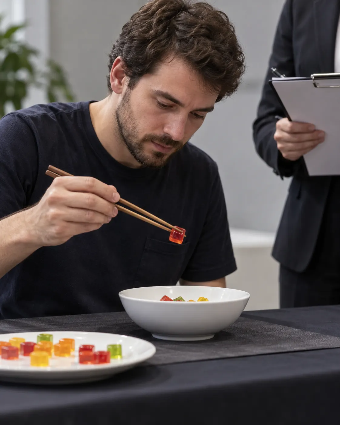 AI-generated fictional reenactment of an adult participant using chopsticks with a judge; not André Ortolf or the actual 2017 attempt. Prompt: “Photorealistic vertical 4:5 editorial scene of a fictional adult participant carefully lifting a small jelly cube with chopsticks over a bowl while a judge's hand holds a blank clipboard nearby. Generic staged challenge, not André Ortolf and not the actual 2017 record attempt. No logos, medals, readable text, or exaggerated eating.” Generated 20 October 2026.