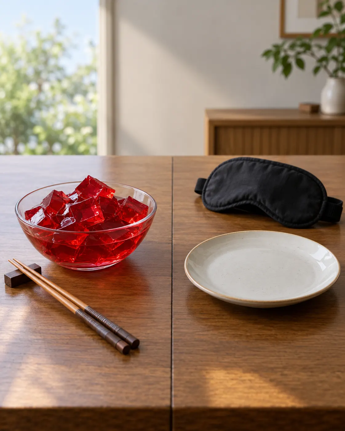 AI-generated illustration comparing distinct methods: jelly with chopsticks and, separately, a blindfold with no utensils; neither shows a real attempt. Prompt: “Photorealistic vertical 4:5 editorial still life comparing two distinct jelly-eating methods without showing a person: on the left, bowl of jelly cubes beside chopsticks; on the right, a folded blindfold and empty plate with no utensils. Clear separation on a tabletop, generic illustration, no actual record attempt, no readable text, logos or labels.” Generated 20 October 2026.