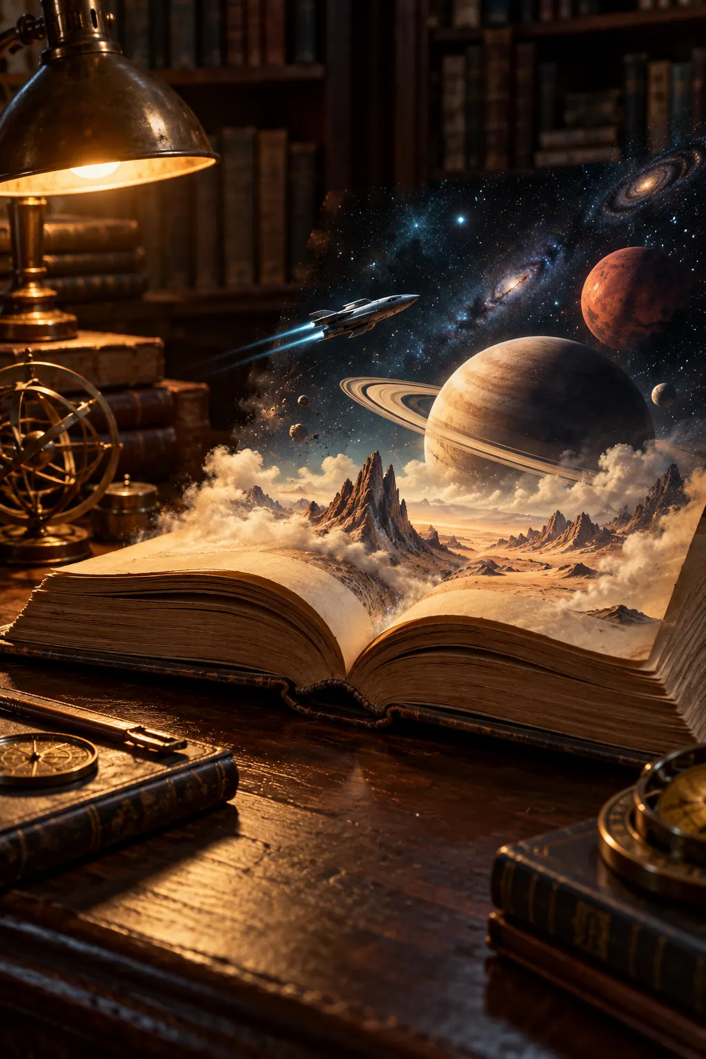 Титульна AI-згенерована символічна ілюстрація про книжки «Дюни»: розгорнута книга й фантастичний пустельний пейзаж. Це не фото, не справжня обкладинка і не кадр екранізації. / AI-generated symbolic cover about the Dune books: an open book and an imagined desert science-fiction landscape. It is not a photograph, actual book cover, or film still.