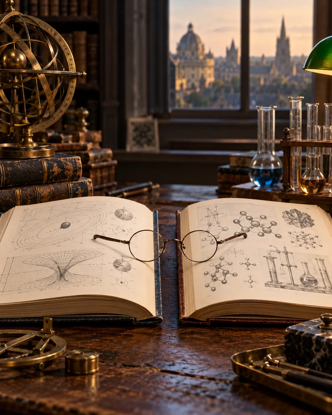 AI-generated cover: a symbolic research desk with physics and chemistry notebooks, illustrating repeat awards in distinct fields; no real person or prize artifact is depicted. Prompt: “Photorealistic vertical 4:5 editorial cover about rare repeat Nobel Prizes, with a symbolic research desk showing two distinct open scholarly books side by side, one on physics and one on chemistry, connected by the same pair of simple reading glasses. Evoke one person's achievements across separate fields without showing a real person, Nobel medal, prize emblem or actual award. Elegant historical archive atmosphere, no readable text, no logos.” Generated 19 October 2026.
