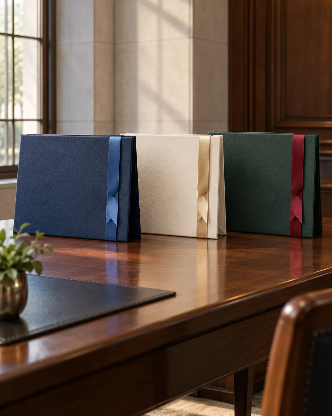 AI-generated symbolic still life of three blank presentation folders, illustrating repeated recognition of an organization; no real organization or award is represented. Prompt: “Photorealistic vertical 4:5 editorial still life illustrating an organization receiving recognition multiple times: three plain archival presentation folders arranged in a row on a quiet institutional table, each with a different subtle blank colored ribbon, no logos or recognizable symbols. Suggest repeated honors over time. No legible text, no seals, no medals, no flags, no real-world organization branding.” Generated 19 October 2026.