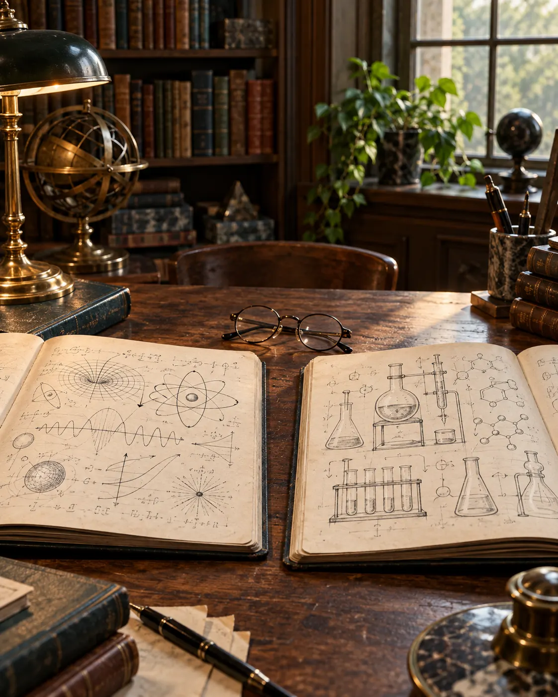 AI-generated still life with fictional physics and chemistry notebooks, symbolizing recognition in two different disciplines; it does not depict an authentic archive or specific scholar. Prompt: “Photorealistic vertical 4:5 editorial illustration about one researcher being honored in two different years and fields. Show a quiet library desk with two separate open archival notebooks, one with abstract physics diagrams and one with abstract chemistry glassware sketches, with a small pair of spectacles between them. No readable dates, names, prize emblems, medals, or real people. Generic symbolic image.” Generated 19 October 2026.