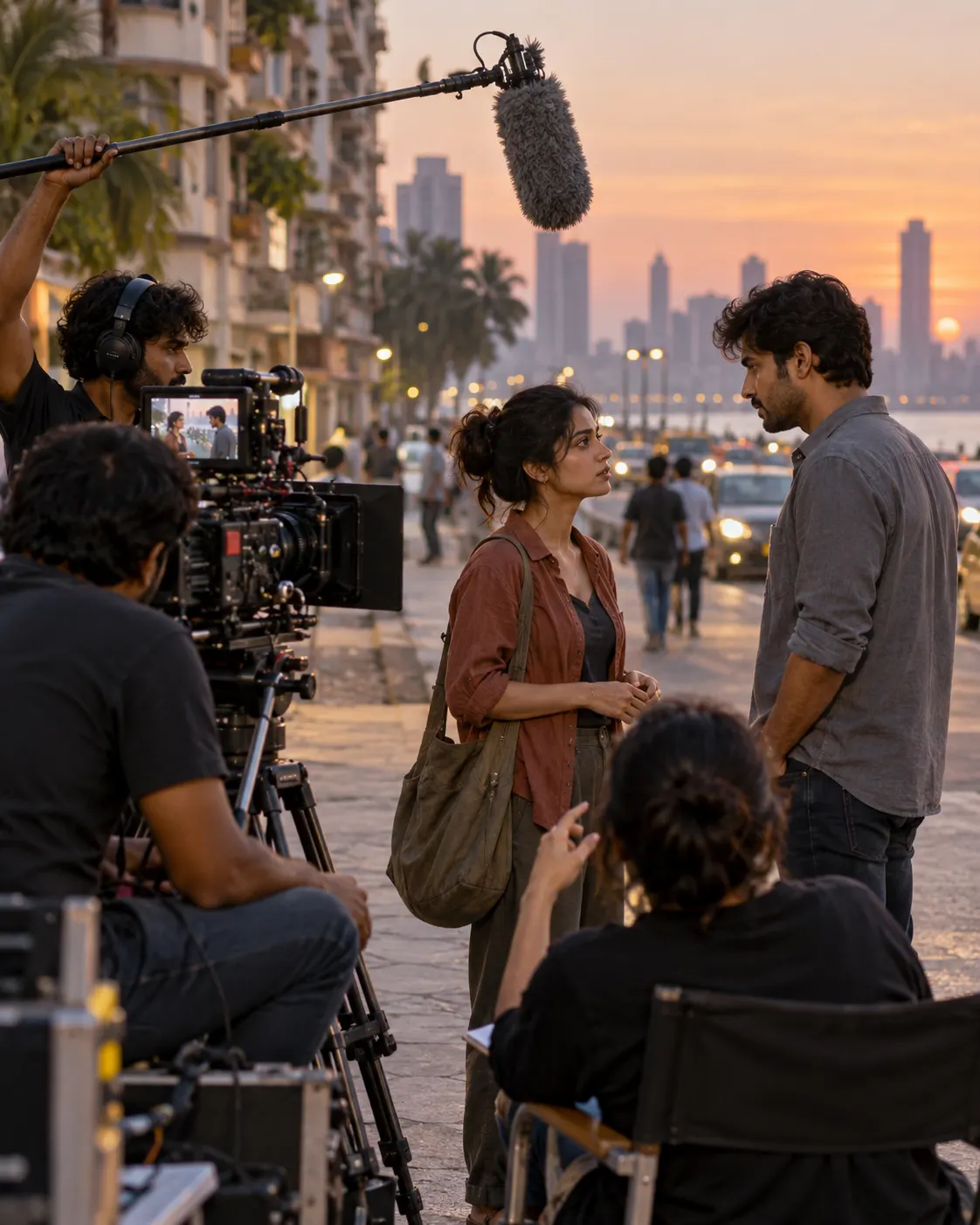 AI-generated symbolic cover of a contemporary urban film crew in India; not a particular production or evidence of all Indian cinema.