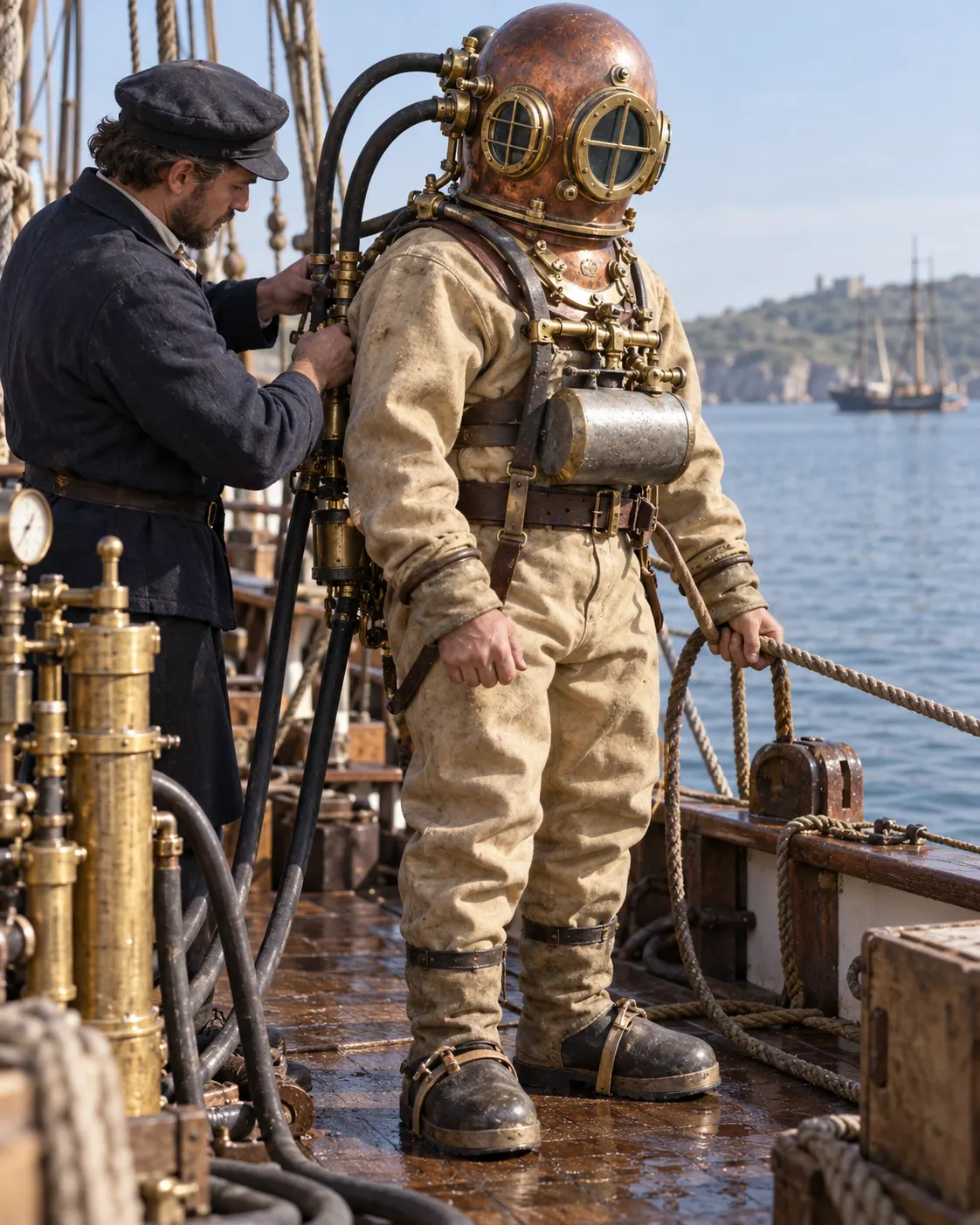 AI-generated editorial reconstruction (created 2026-10-19) of an anonymous diver preparing to enter the water in plausible 19th-century apparatus; not a historical photograph or portrait of a named individual. Exact generation prompt: “Photorealistic editorial reconstruction of a 19th-century Rouquayrol–Denayrouze diver preparing to descend, wearing historically plausible period diving equipment on a ship deck beside calm water, no readable text, vertical 4:5. Generic anonymous person, illustrative reconstruction, not a documented historical photograph.”