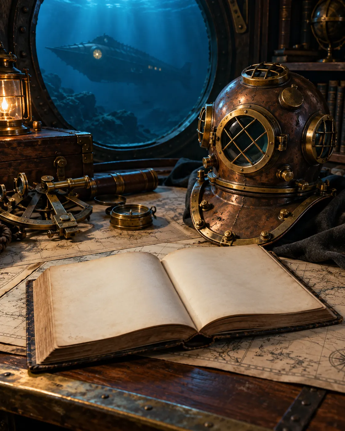 AI-generated cover image (created 2026-10-19), pairing an open blank antique science-fiction novel with vintage diving equipment. Generic editorial illustration; no historical identity implied. Exact generation prompt: “Photorealistic editorial cover for a fact about Jules Verne's fictional submarine Nautilus and real 19th-century diving equipment: an open blank antique science-fiction novel beside a brass-and-leather vintage diving helmet on a wooden chart table, with subtle deep-sea blue light, vertical 4:5. Historically plausible generic objects, no readable text, no recognizable book cover, no logos.”
