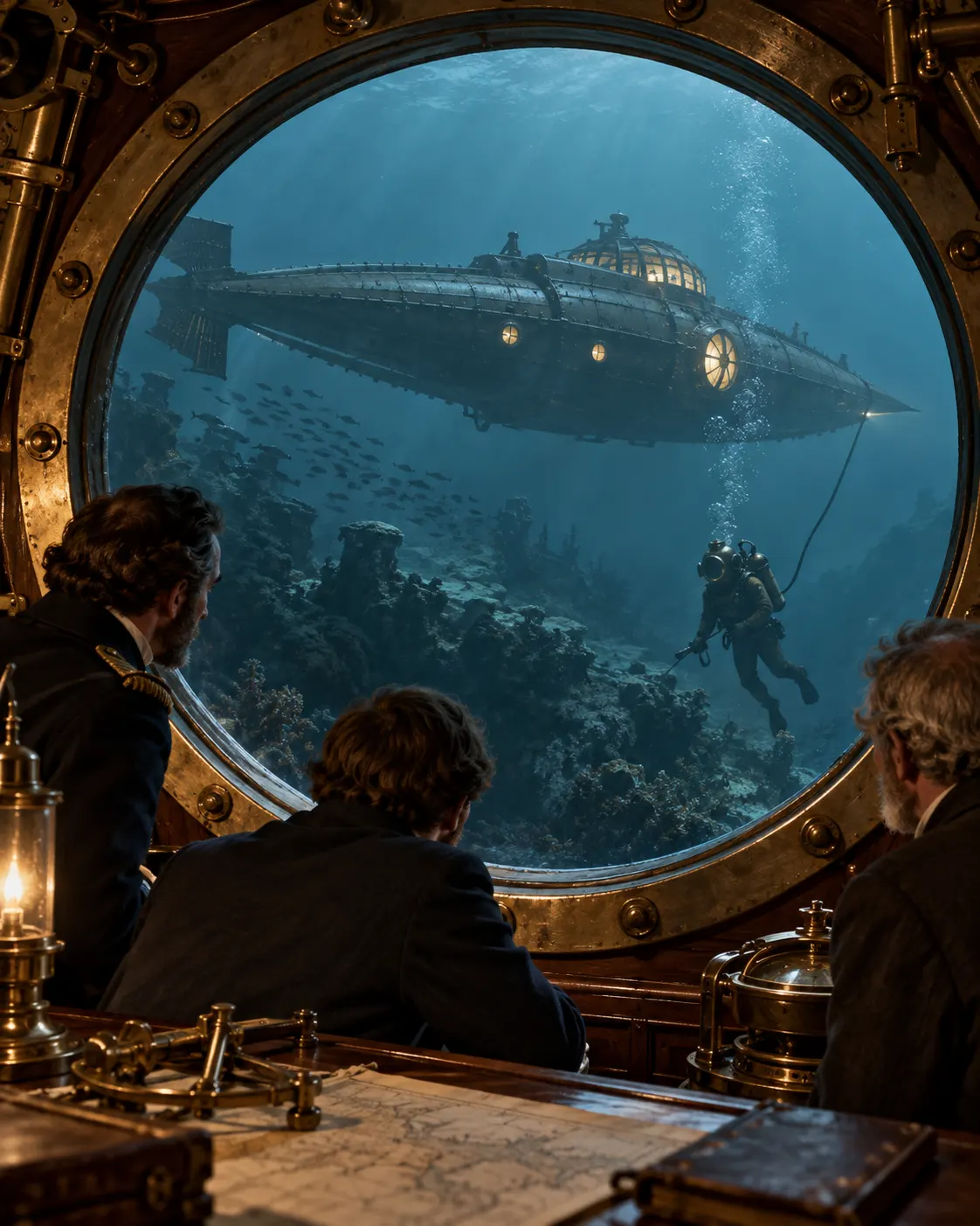 AI-generated imaginative editorial illustration (created 2026-10-19) evoking Verne’s fictional underwater world; it does not depict a real historical submarine. Exact generation prompt: “Photorealistic editorial scene of a Jules Verne-era submarine gliding beneath the ocean, seen through a large porthole from inside a 19th-century vessel, with a diver silhouette using period apparatus in the water, vertical 4:5. Evocative illustration of the novel, not a historical photograph; no readable text or logos.”