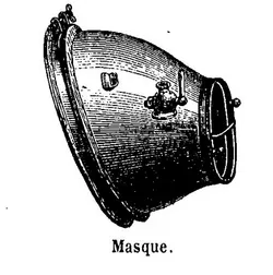 Historical engraving of the Rouquayrol–Denayrouze mask, from Auguste Denayrouze’s 1867 manual, digitized by Gallica/Bibliothèque nationale de France. Commons file page: https://commons.wikimedia.org/wiki/File:Masque_Rouquayrol-Denayrouze.png. Dedicated CC0 1.0; credit retained as “Auguste Denayrouze, 1867 manual via BnF/Gallica.” Downloaded 250 px Commons thumbnail; no edits.