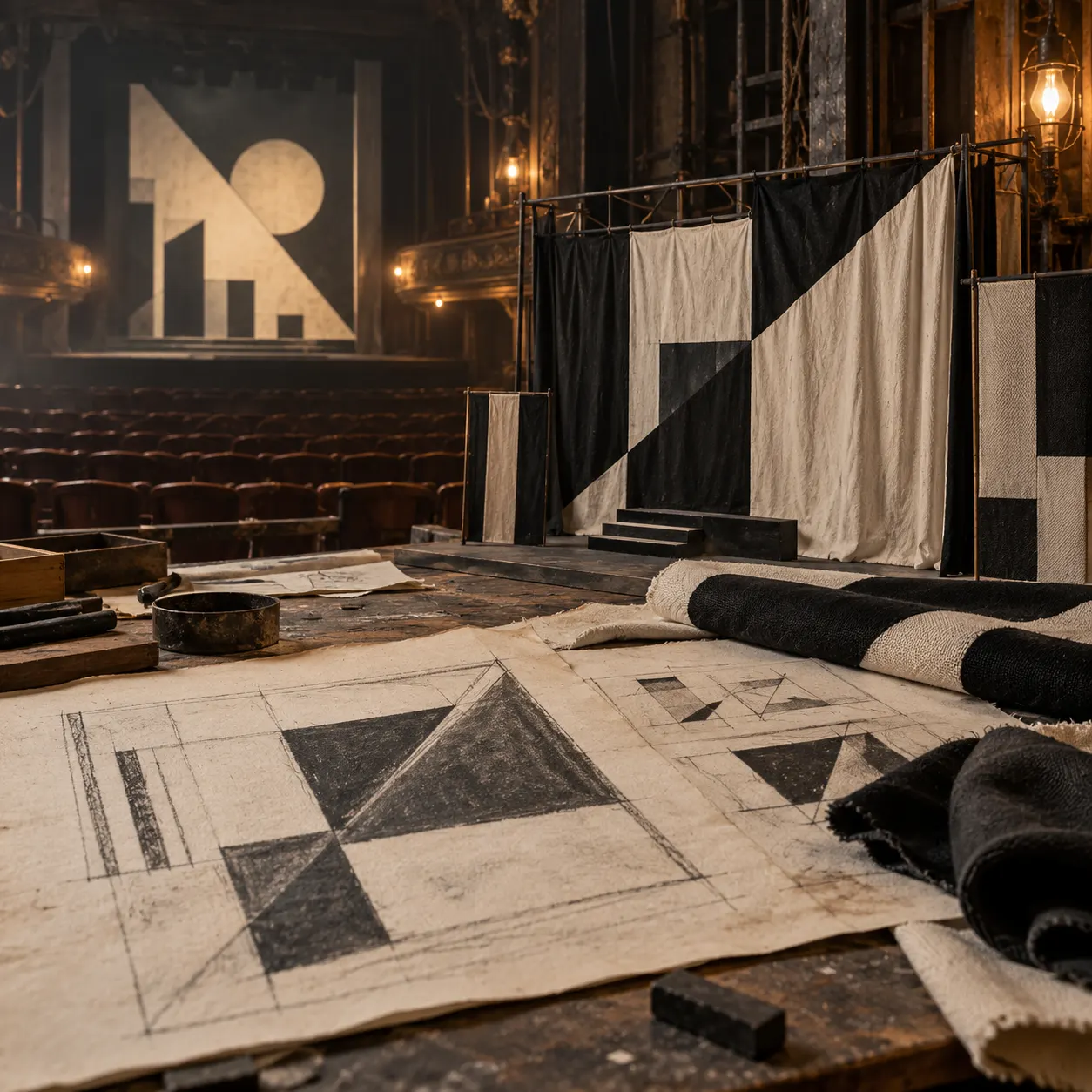 Титульна AI-згенерована ілюстрація / AI-generated cover illustration. Symbolic reconstruction of a theatre workshop around 1913, geometric backdrop models and sketches; not the authentic set or a reproduction of an identified artifact.
