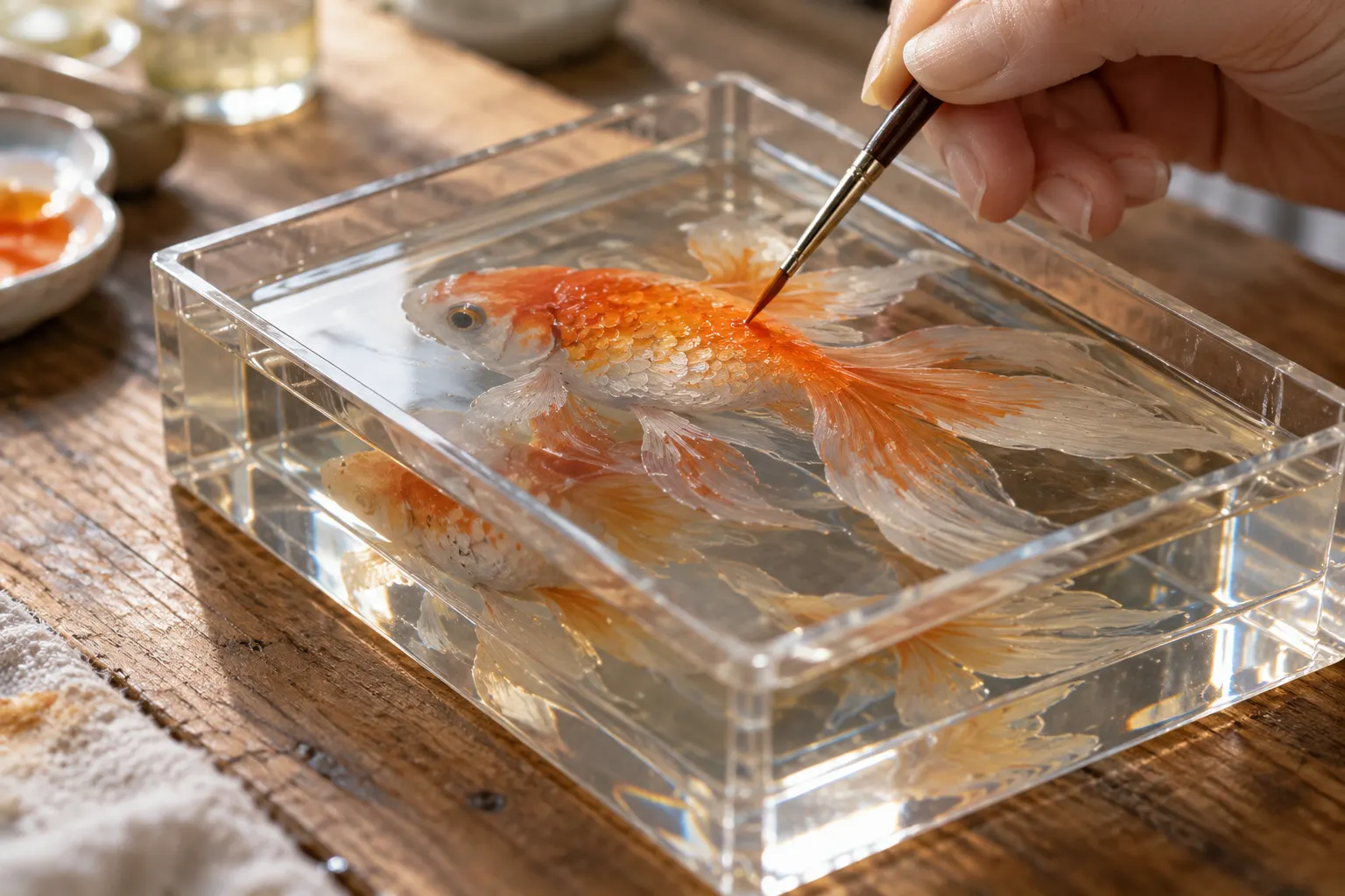 AI-generated close-up illustrating transparent resin depth and painted sections of a fish.