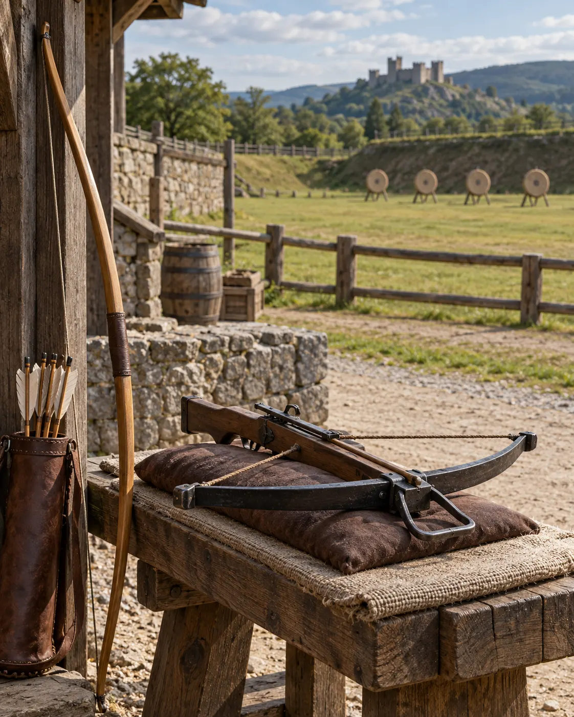 AI-generated with OpenAI image generation. Prompt: “Distinct photorealistic medieval history reconstruction of an archery practice yard: a crossbow resting safely on a padded wooden bench and a longbow leaning nearby, distant empty target field, no people, no shooting, no battle, no readable text or logos. Calm educational documentary style, portrait 4:5.”