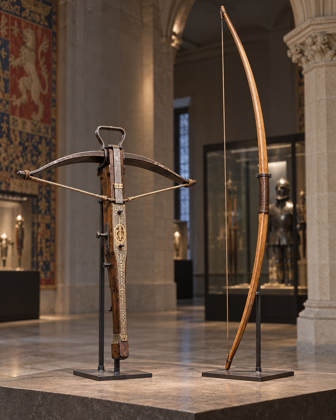 AI-generated with OpenAI image generation. Prompt: “Photorealistic editorial cover for a history article about medieval crossbows and longbows. Two distinct historical bows displayed side by side in a museum gallery: a compact crossbow and a long English longbow, no bolts or arrows, no people, no combat, no text or logos. Neutral artifact lighting, portrait 4:5.”