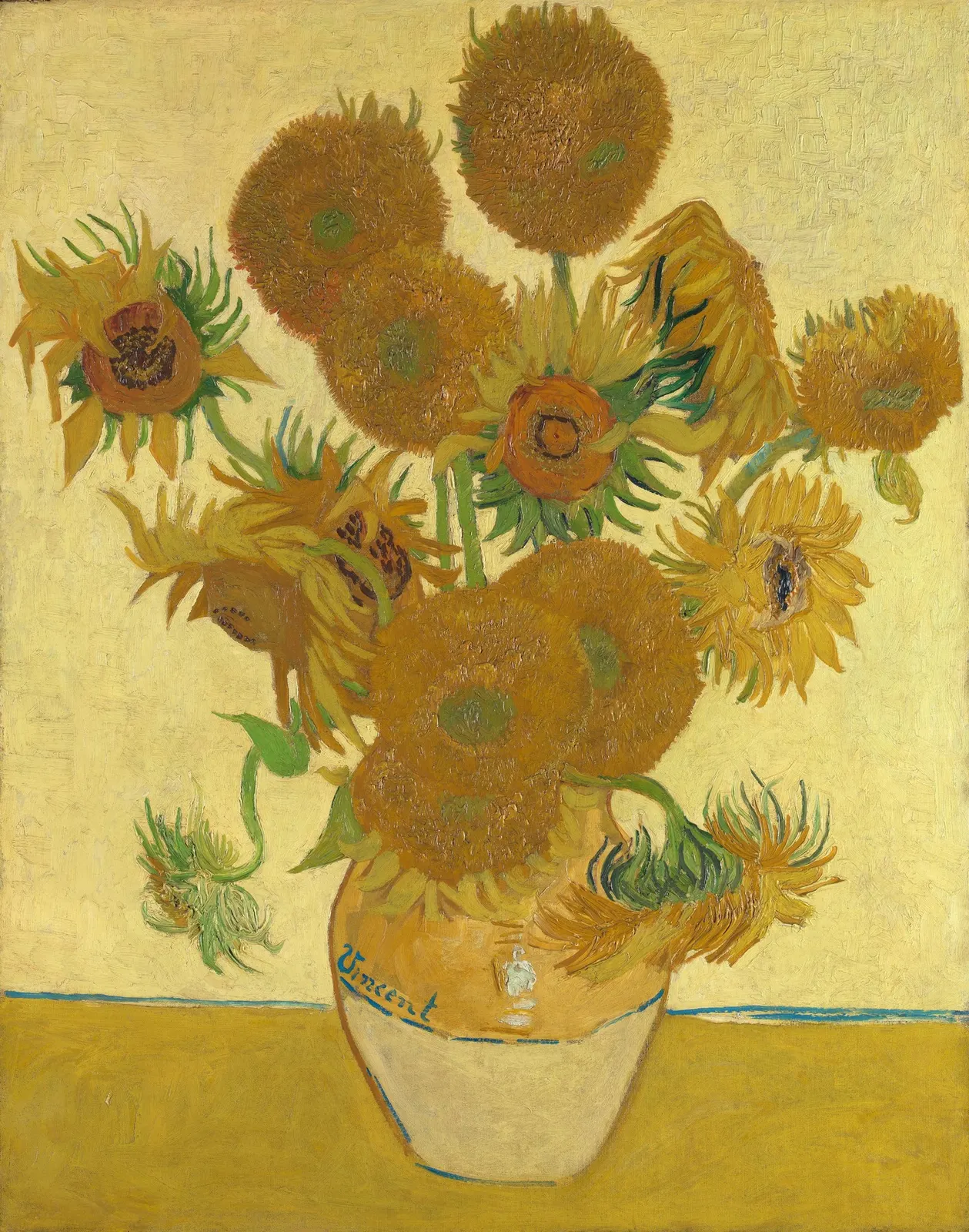Vincent van Gogh, *Sunflowers* (August 1888), National Gallery, London, NG3863; faithful reproduction, Commons Public Domain Mark 1.0. Source: https://commons.wikimedia.org/wiki/File:Vincent_van_Gogh_-_Sunflowers_(1888,_National_Gallery_London).jpg. Reused from fact 1289.