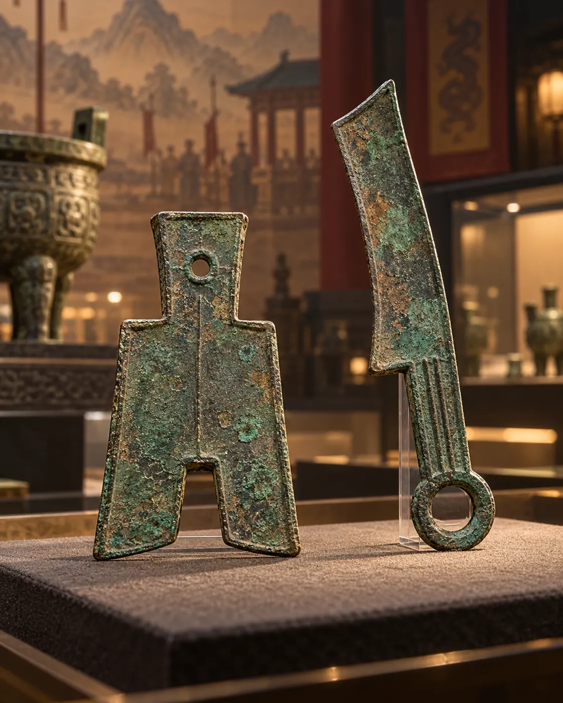 Bronze spade- and knife-shaped ancient Chinese money displayed as cast currency, not working tools.