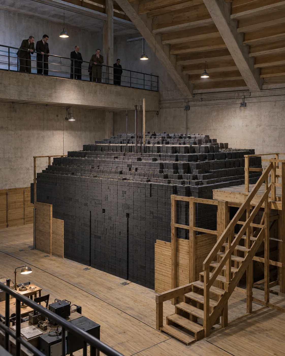 AI-generated historical reconstruction of Chicago Pile-1 in a university racquets court; synthetic illustration, not a documentary photograph.