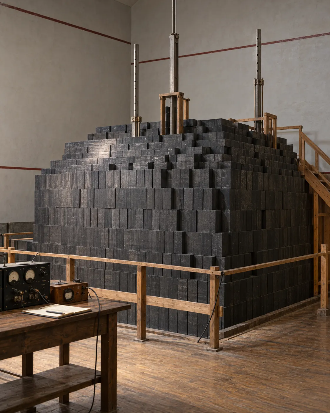 AI-generated museum-style reconstruction of a graphite pile in an underground court, with modest scientific equipment and no dramatic effects; not documentary evidence.