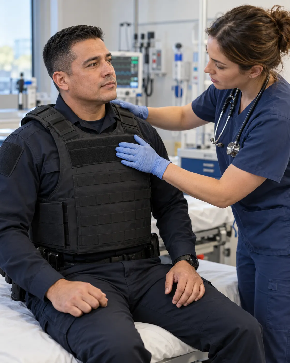 AI-generated scene of a clinician assessing an armored wearer after an impact.