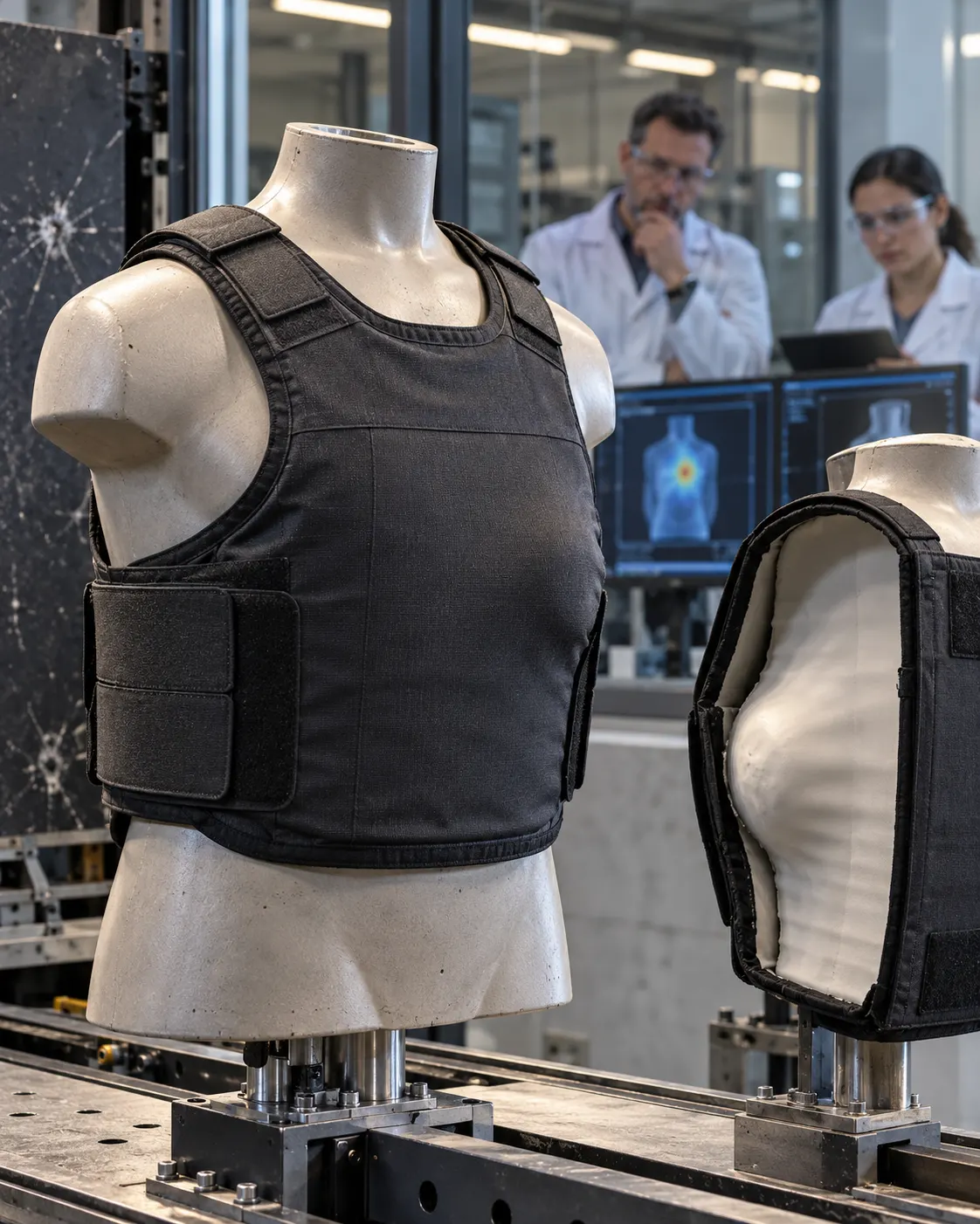 Титульна AI-згенерована ілюстрація / AI-generated cover illustration. A protective vest on a test mannequin in a laboratory.