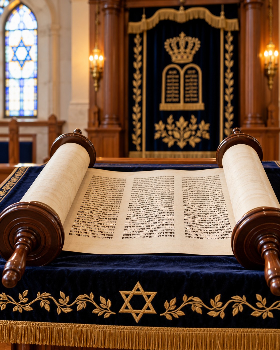 AI-generated respectful conceptual Torah scroll illustration; not a photograph of a specific scroll.