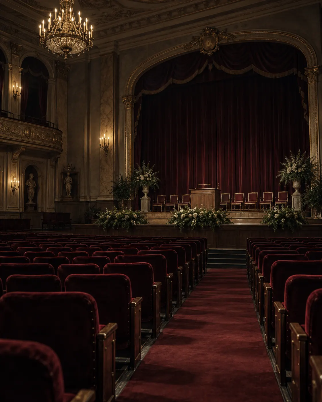 AI-generated editorial reconstruction (created 2026-10-19) of an unspecified empty European awards hall in the early 1940s; it is not a depiction of a particular Nobel venue. Exact prompt: “Photorealistic editorial reconstruction of an empty European awards hall in the early 1940s, velvet seats and a silent stage under dim wartime lighting, vertical 4:5. Generic venue and imagined illustration of interrupted ceremonies, not a specific Nobel venue or documentary photograph, no banners, logos, people, or readable text.”
