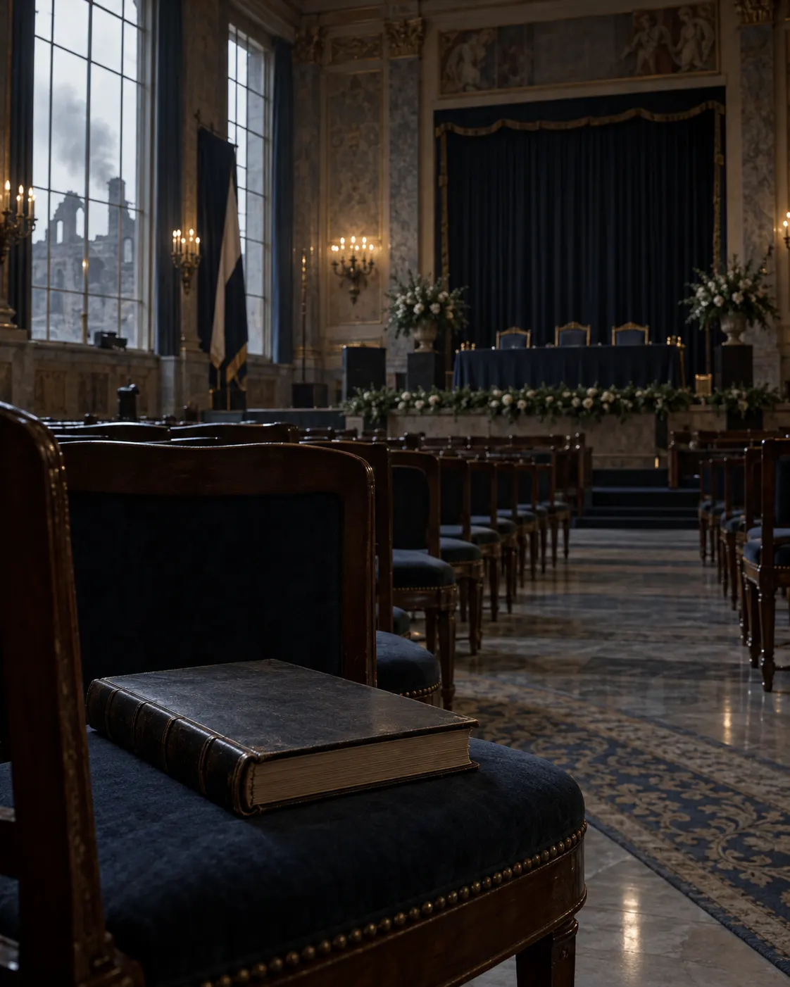 AI-generated cover image of an empty formal awards hall, representing the wartime interruption. Exact prompt: “Photorealistic editorial cover for the Nobel Prizes not awarded in 1940, 1941 and 1942: an empty formal European awards hall during wartime, unoccupied chairs and a single unlit stage, a closed blank archival ledger on a seat in foreground, subdued 1940s atmosphere, vertical 4:5. No recognizable institution, no medals or official logos, no readable text.”