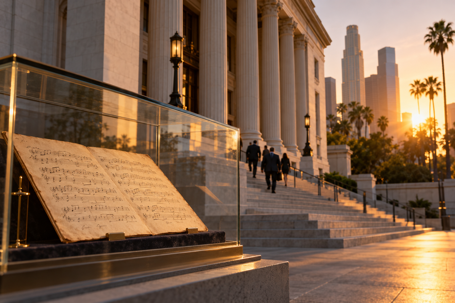AI-generated illustrative scene combining a Los Angeles-style courthouse exterior and archival sheet music, representing the 2016 settlement.
