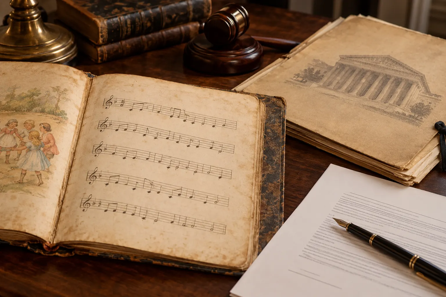 AI-generated cover showing an old songbook and legal papers, a symbolic reconstruction of the song’s copyright history.