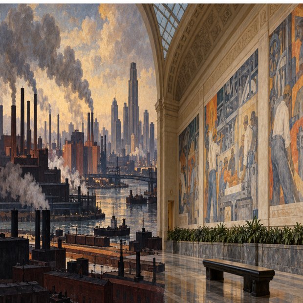 AI conceptual illustration of Detroit and a mural hall; not the actual DIA court.