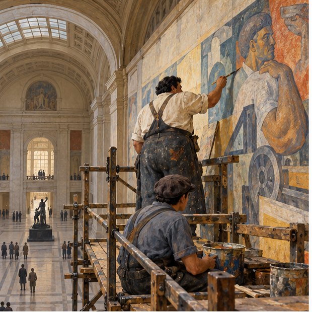 AI conceptual illustration of fresco work; not a documentary image.