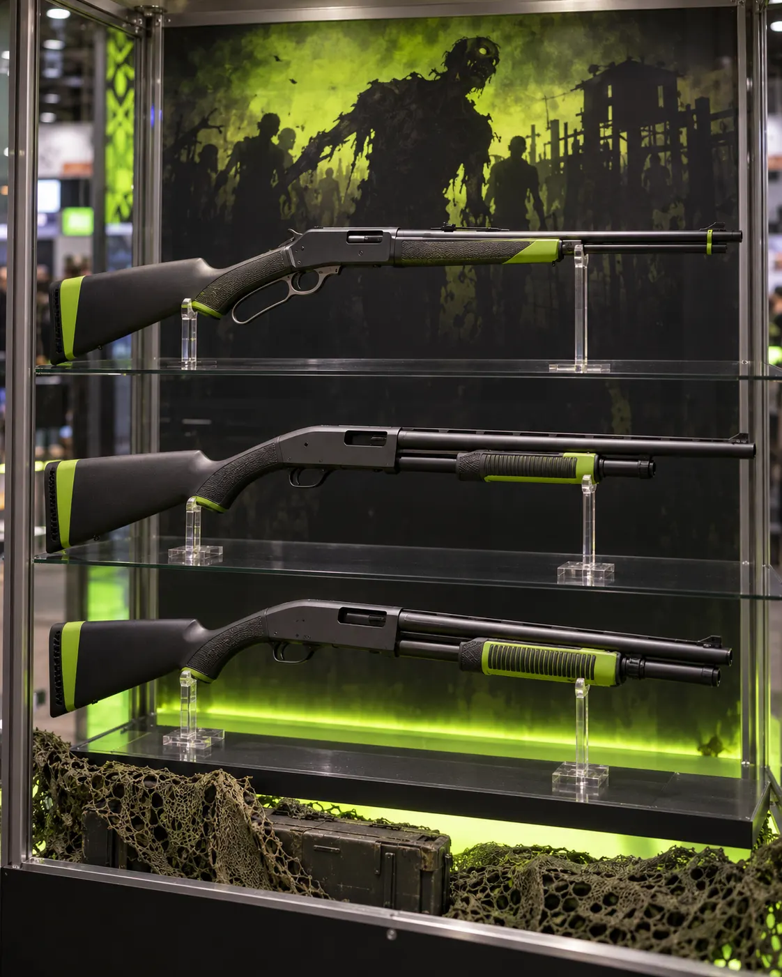 AI-generated display of three generic sporting firearms with lime-green zombie-pop-culture styling.