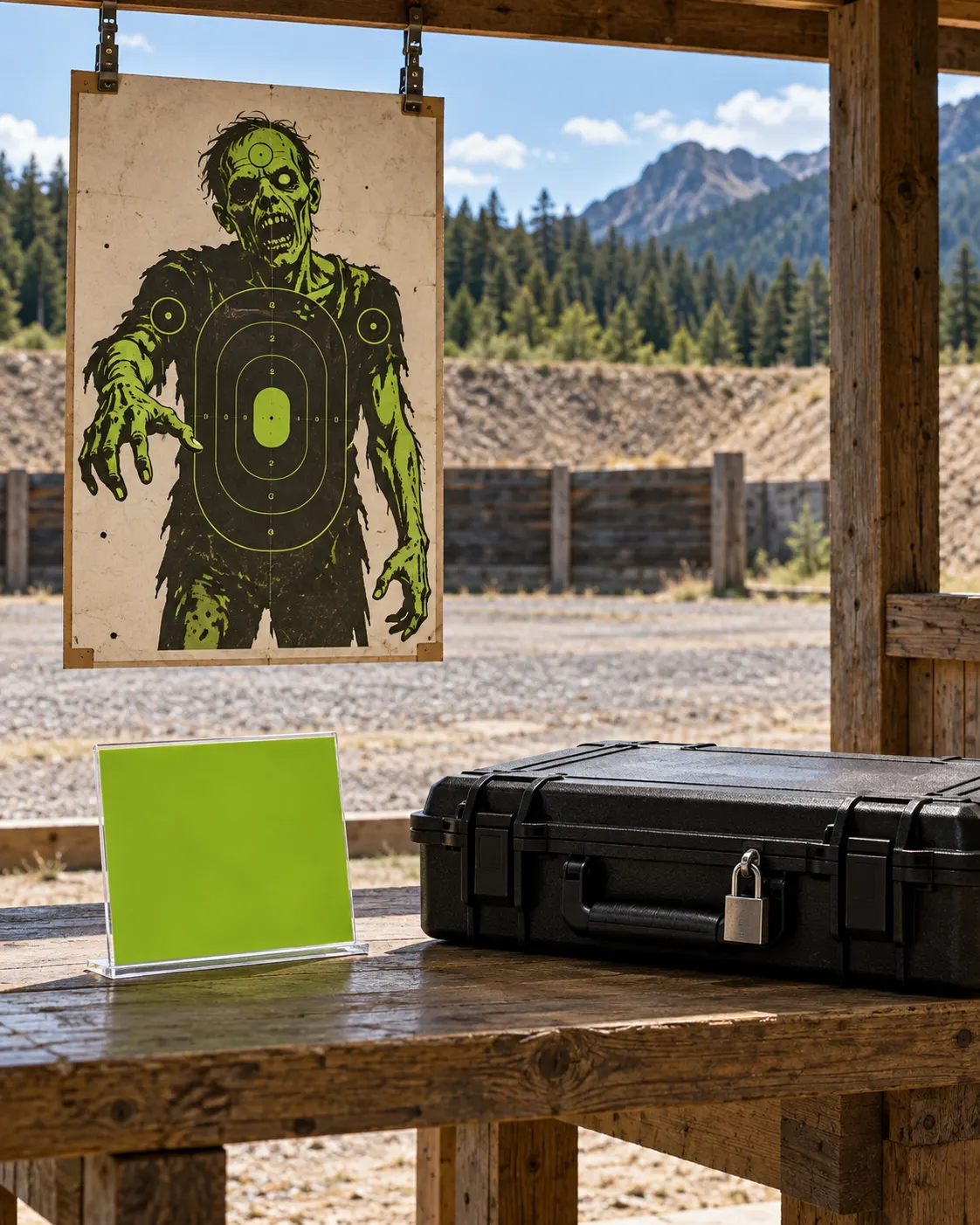 Титульна AI-згенерована ілюстрація / AI-generated cover illustration. A zombie silhouette target and secure display case evoke the series' pop-culture marketing.