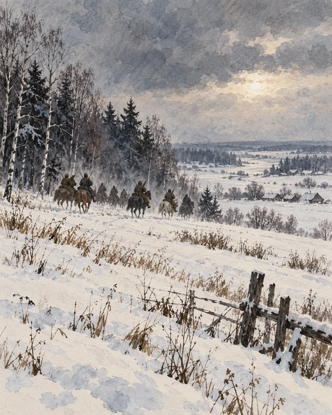 AI-generated symbolic illustration of horsemen near a snowy treeline. It is not a documentary image or a reconstruction of a specific troop, unit, or moment. Created for this package; no external license applies. Prompt: “Editorial illustration for a fact-check about the 1941 Battle of Moscow and a Soviet cavalry attack near Musino. Show winter landscape with a small distant group of horsemen moving near a treeline and snow-covered field, viewed broadly and respectfully, no bodies, no gore, no national stereotypes, no flags or identifying insignia. Make clear as a symbolic AI illustration rather than documentary evidence: archival-style subdued ink and watercolor, portrait 4:5.”