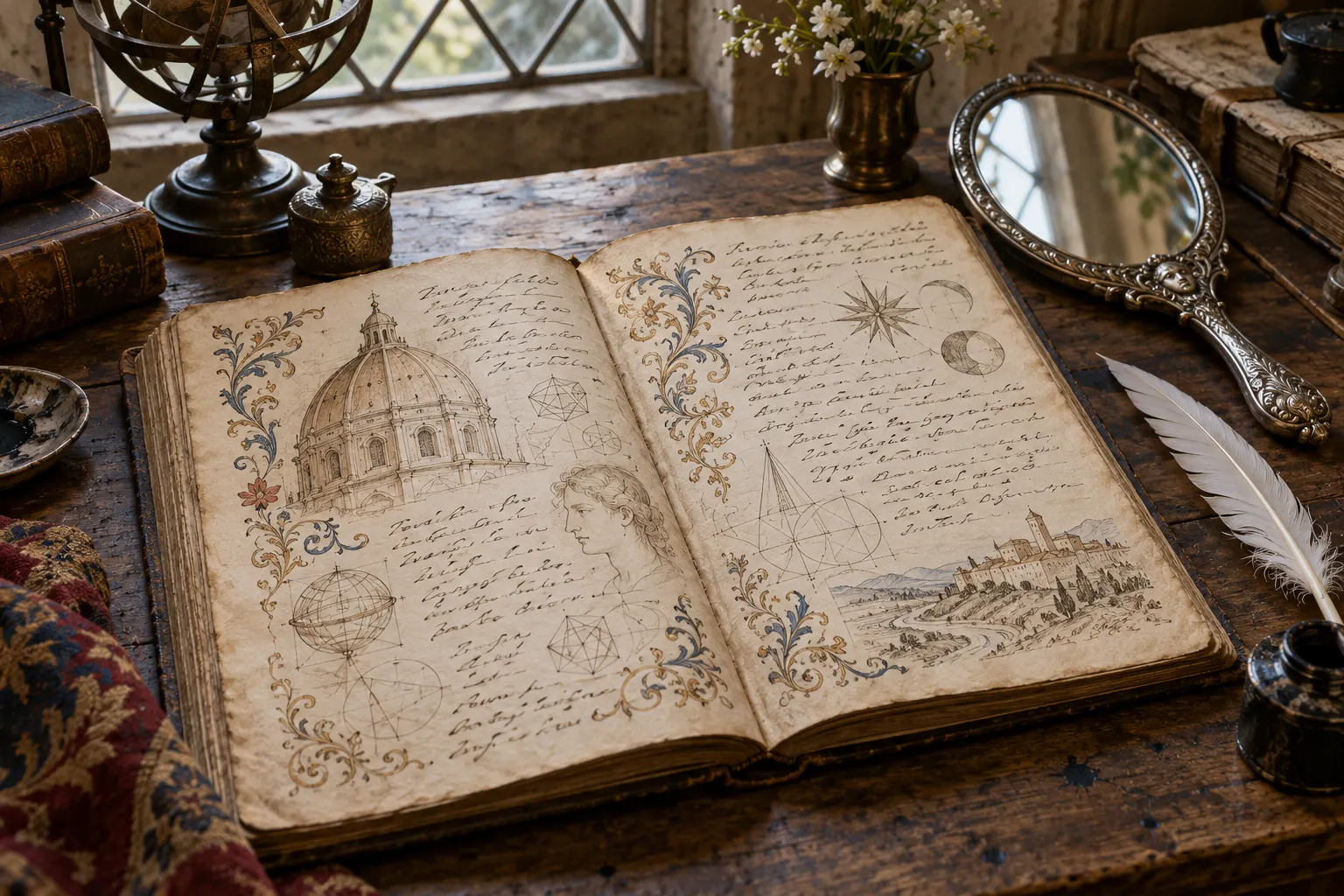 Титульна AI-згенерована ілюстрація / AI-generated cover illustration. Уявний ренесансний зошит із дзеркалом; не є копією справжнього рукопису Леонардо.