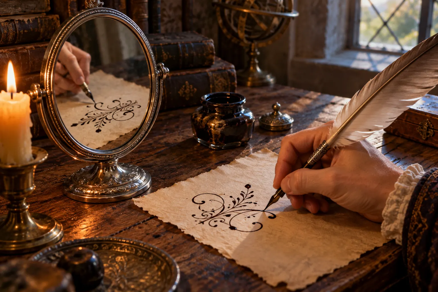 AI-generated scene of quill-writing and a mirror, illustrating how reversed text can be viewed.