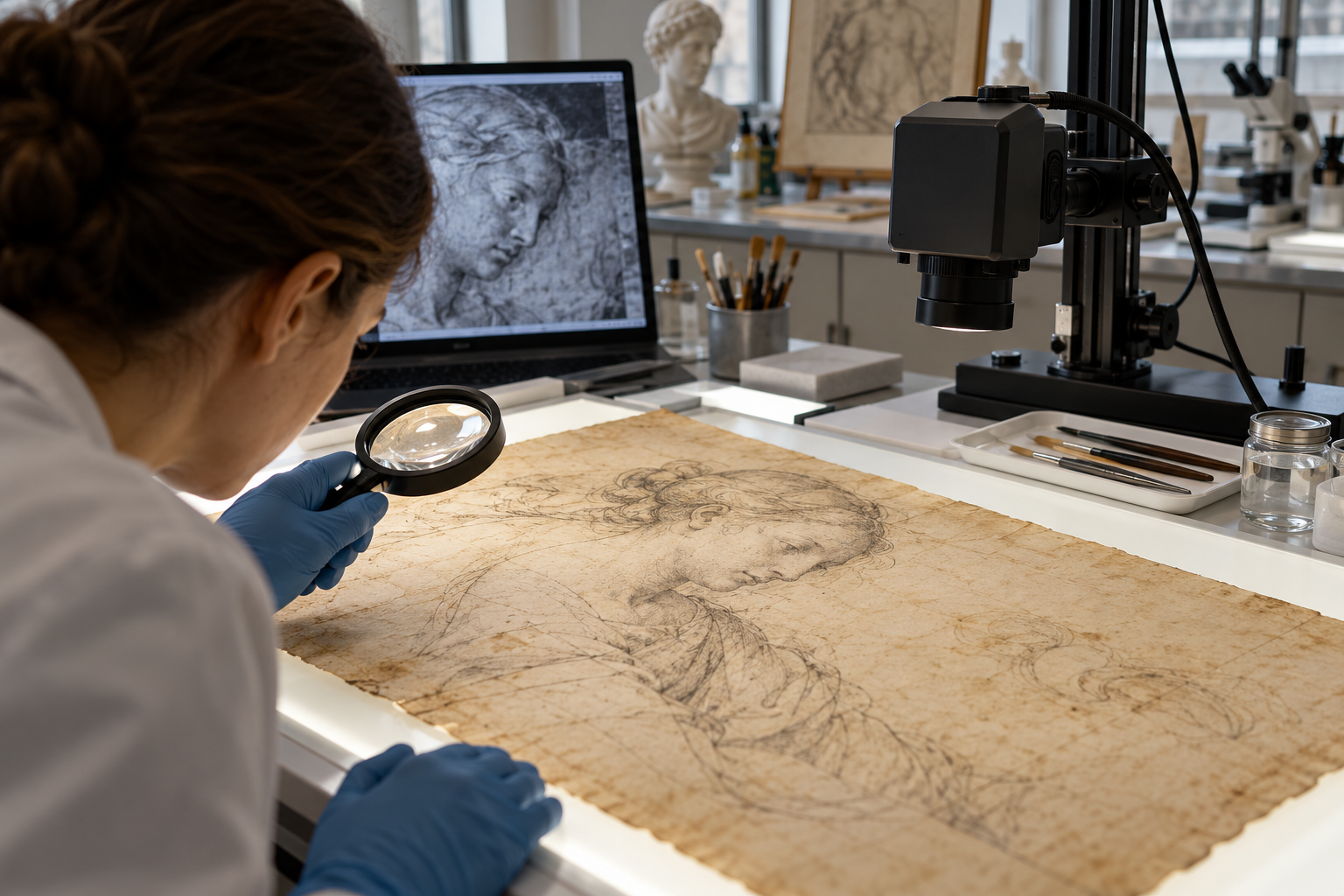 AI-generated conceptual view of a conservator examining a historic drawing with magnification and imaging equipment.