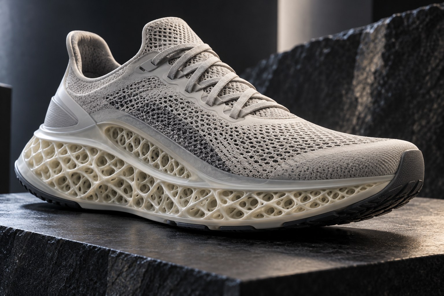 Титульна AI-згенерована ілюстрація / AI-generated cover illustration. Generic performance shoe with an open lattice midsole; it is not a photograph of adidas Futurecraft 4D.