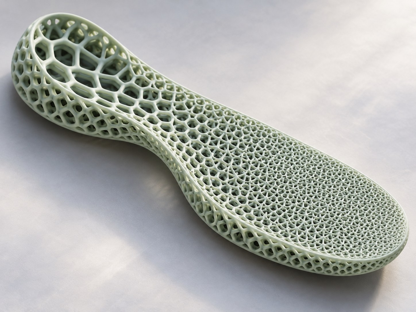 AI-generated illustrative generic 3D-printed lattice midsole, showing changing cell geometry; not a verified Futurecraft 4D component.