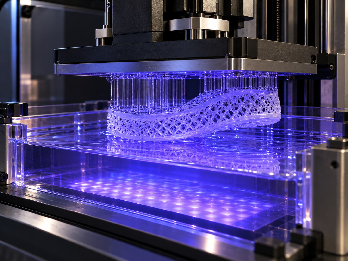 AI-generated editorial reconstruction of a resin-based digital-light-synthesis machine forming a flexible lattice midsole; not a documentary photograph or branded printer.
