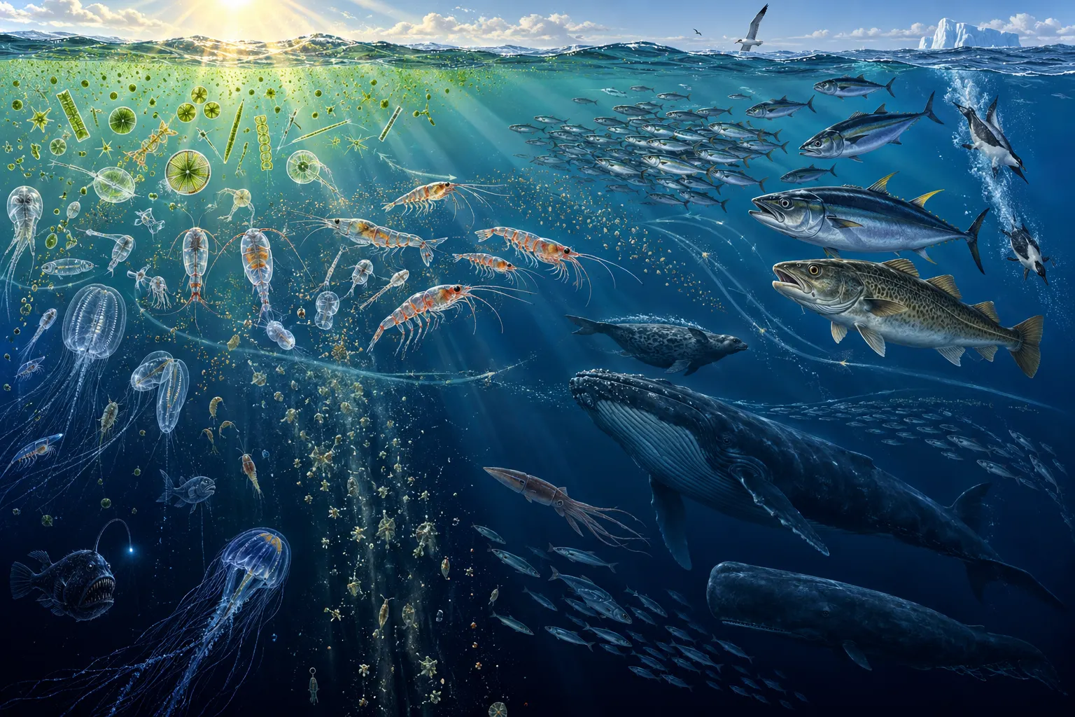 Concept illustration of phytoplankton and marine food-web levels.