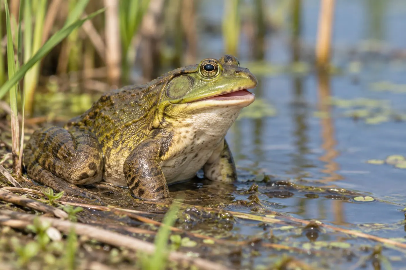 An American bullfrog at the pond edge with its mouth slightly open.