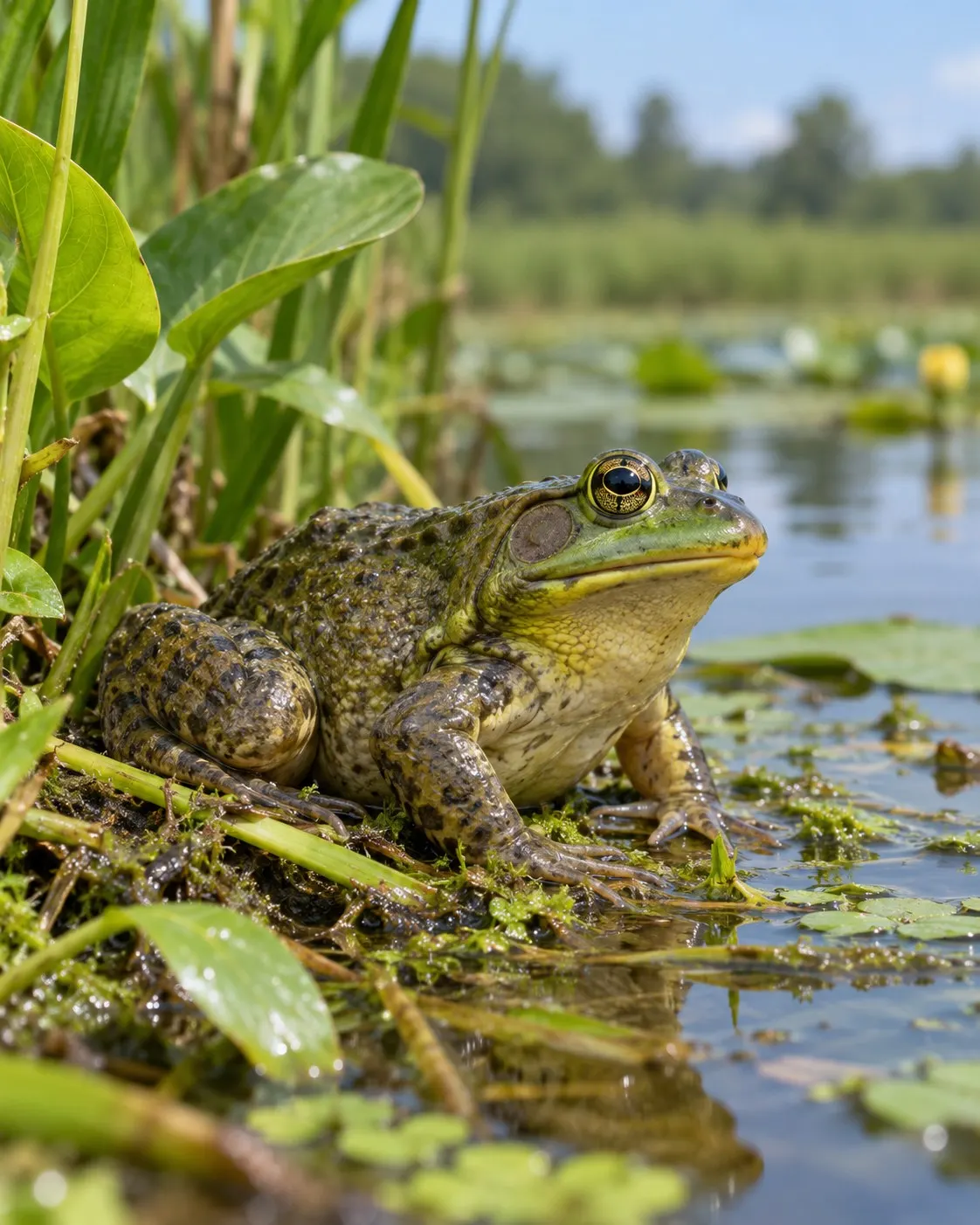 Титульна AI-згенерована ілюстрація / AI-generated cover illustration. An American bullfrog at the edge of a pond.
