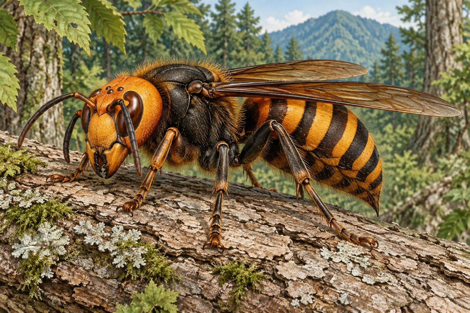 AI-generated natural-history illustration of *Vespa mandarinia*. It is illustrative, not a photograph or evidence about sting pain. Generated 2026-10-13; no external creator/license. The post discloses AI generation.