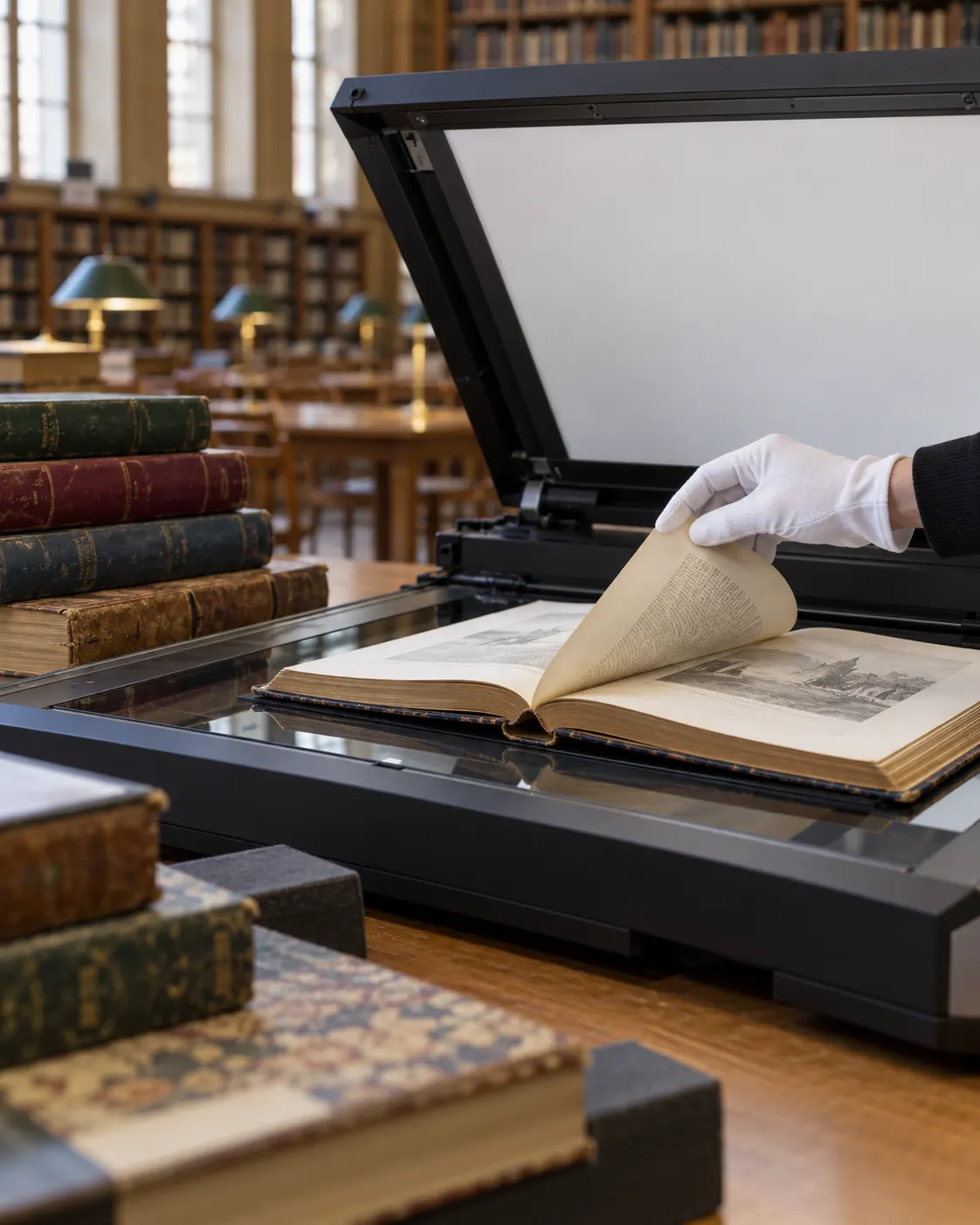 AI-generated generic archival book scanning scene; no claim it depicts Google’s equipment or a particular scan.