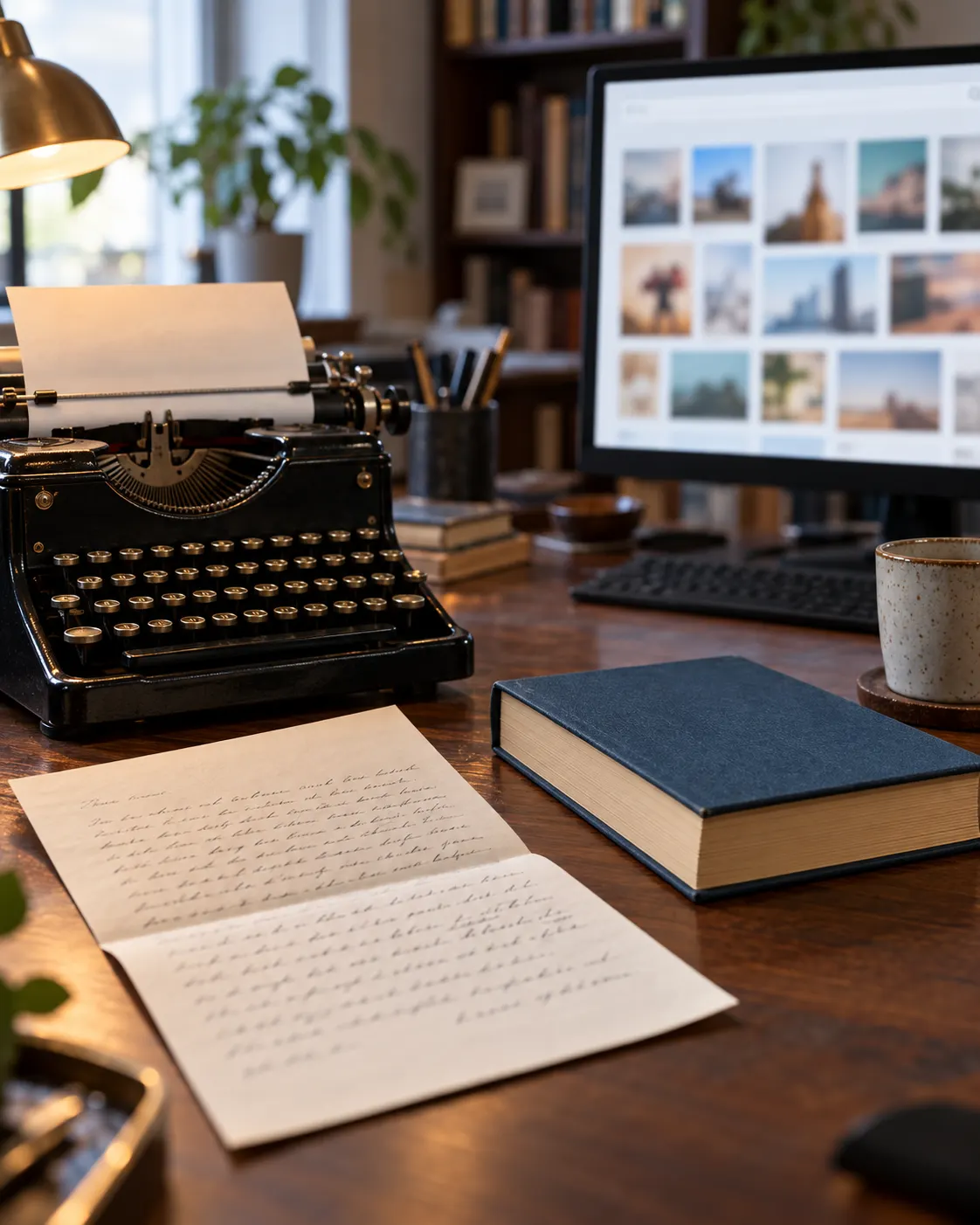 AI-generated symbolic author letter and book beside a blurred online search grid, evoking copyright concerns.