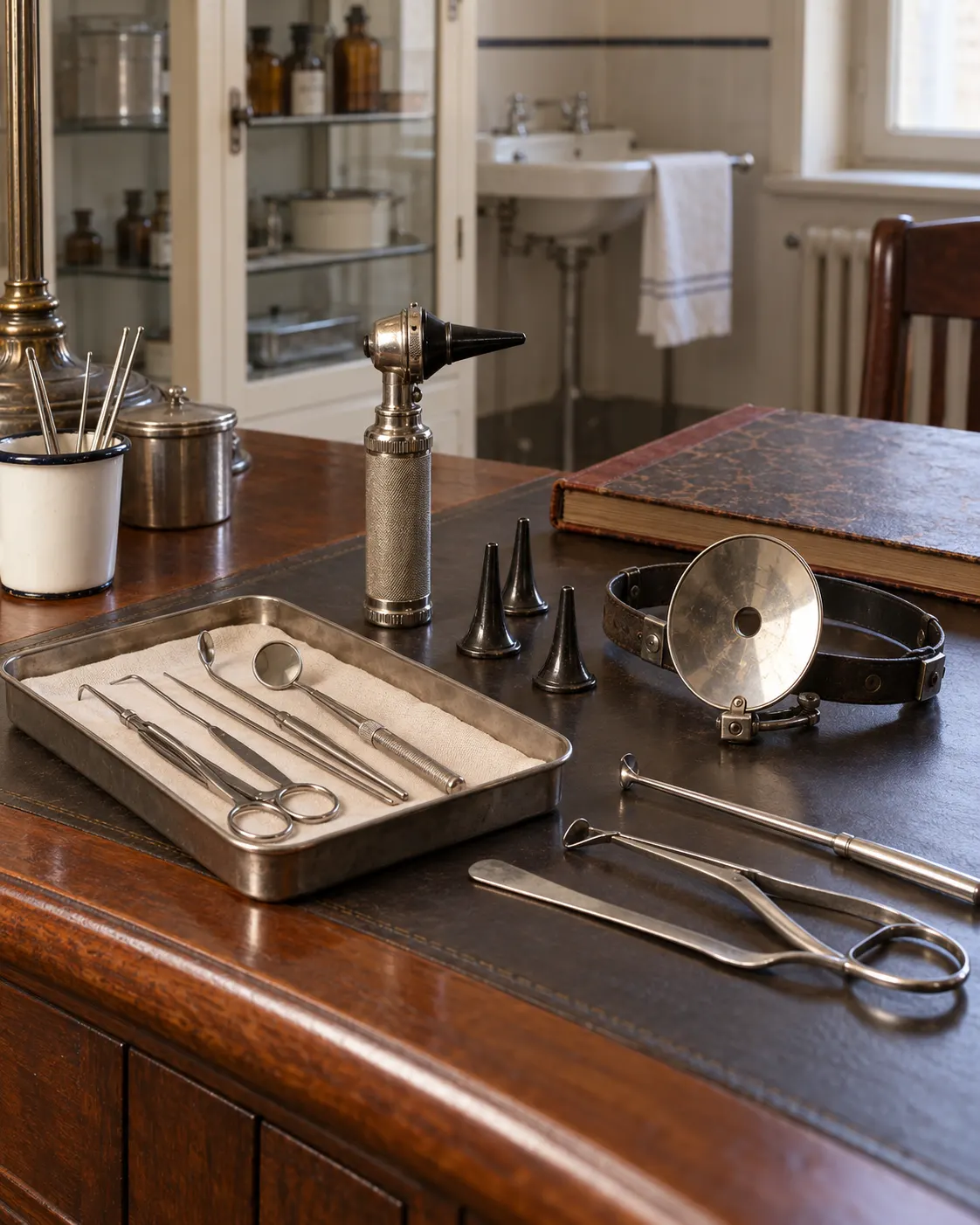 AI-generated still life of generic early-1920s ENT examination instruments, not identified as Samuel Lem’s personal equipment.