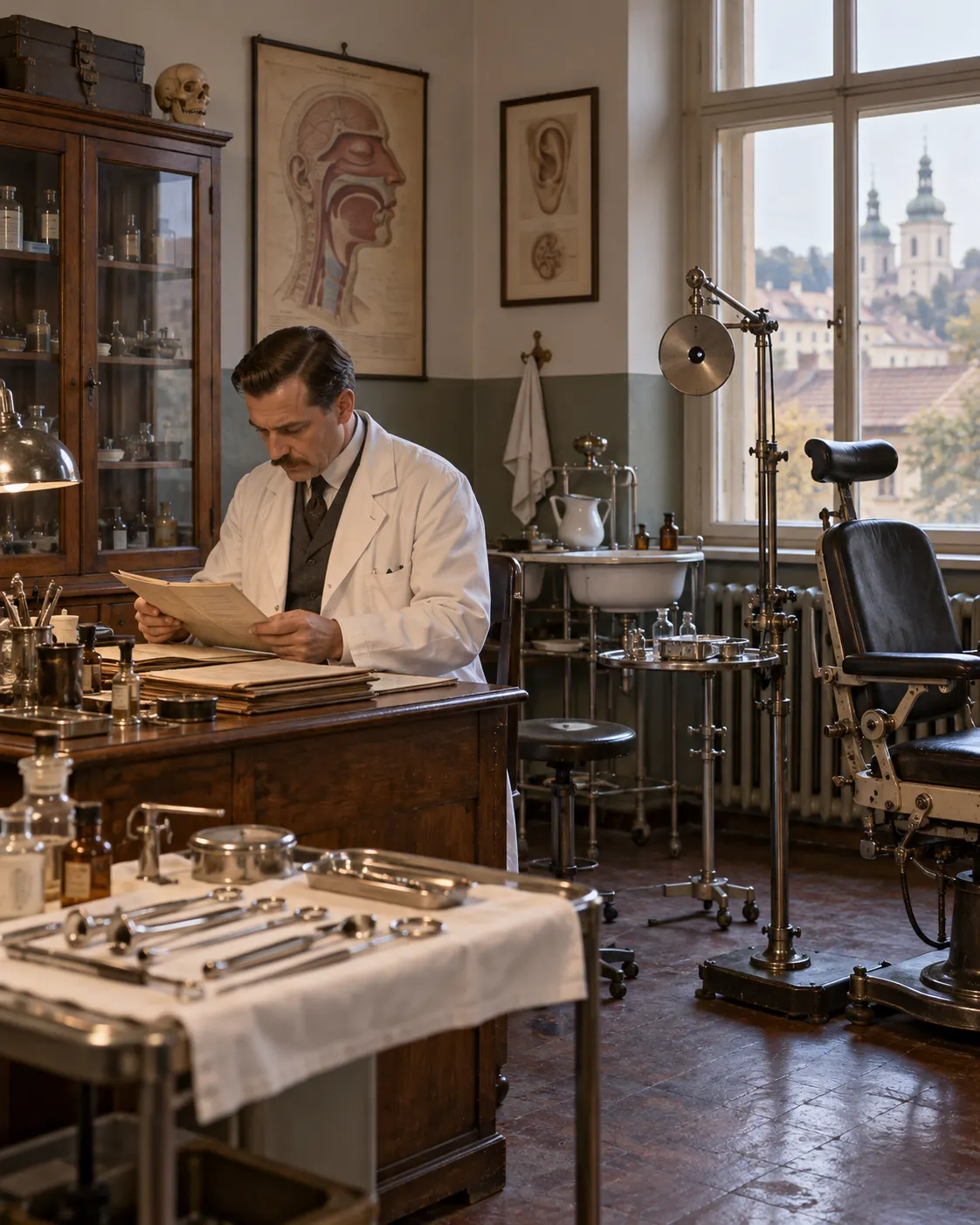 AI-generated generic early-1920s ENT physician’s office, evoking Samuel Lem’s profession.